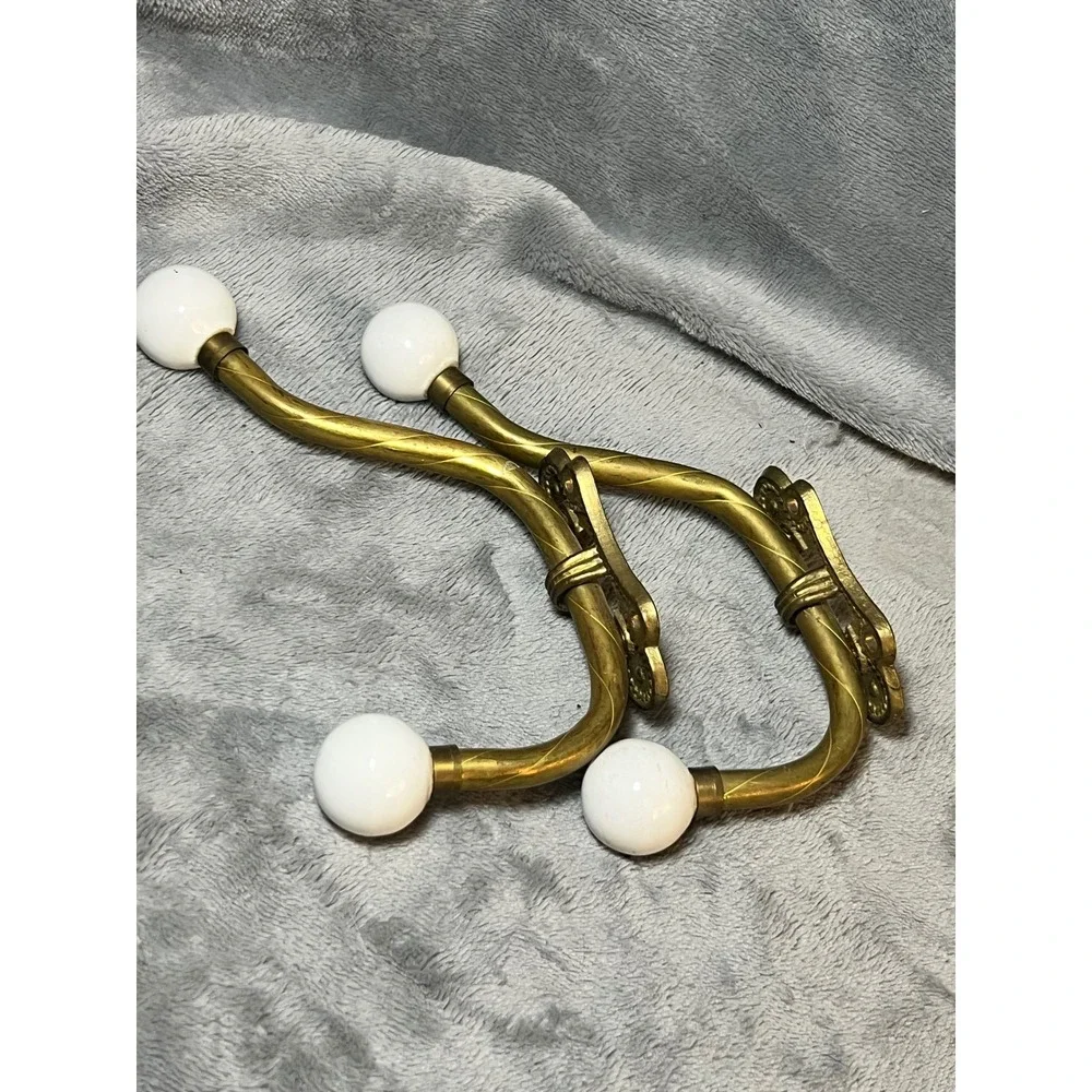 Vintage Brass Double Wall Hooks White Ceramic Knobs Taiwan Coat Hat Towel Pair